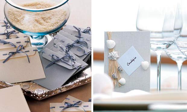 Cardápio com conchas e cartõezinhos em azul e bege para os convidados Cardápio com conchas e cartõezinhos em azul e bege para os convidados