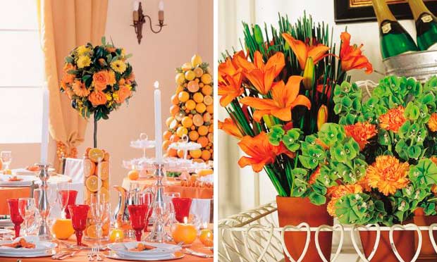 Mesa decorada em laranja com arranjo de limões e laranjas e narcisos Mesa decorada em laranja com arranjo de limões e laranjas e narcisos