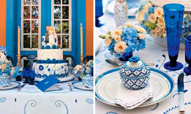 Mesa decorada em azul com detalhes de louças portuguesas Mesa decorada em azul com detalhes de louças portuguesas