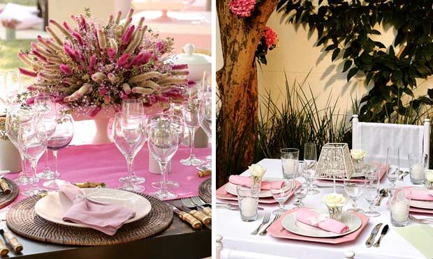 Decorações em tons rosa e lilás, com sousplat de palha Decorações em tons rosa e lilás, com sousplat de palha