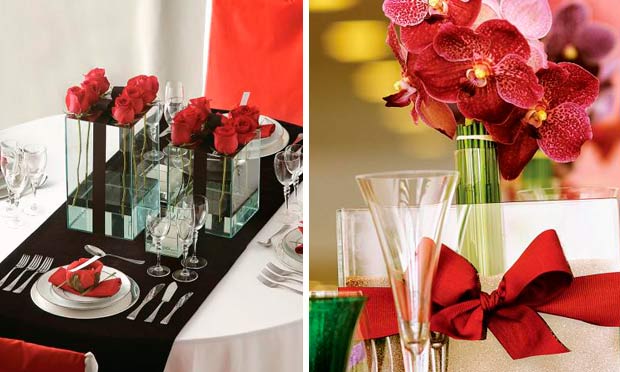 Mesa com toalha preta e rosas vermelhas e vaso de vidro com laço vermelho Mesa com toalha preta e rosas vermelhas e vaso de vidro com laço vermelho