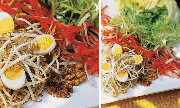 Salada de alface, nozes e kani