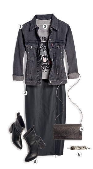 saia m&iacute;di de couro com jaqueta