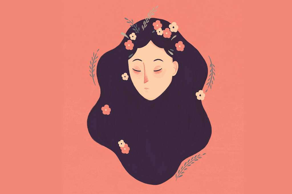 horóscopo virgem Ilustração de uma mulher com flores no cabelo, representando o signo de Virgem