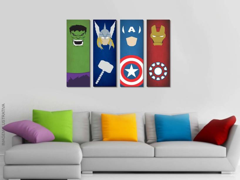 Conjunto com quatro quadros Vingadores Minimalista. Medidas: 25 x 60 cm cada quadro. Heróis MDF. <a href="https://www.elo7.com.br/4-quadros-vingadores-minimalista-25x60cm-herois-minimalitas/dp/5E859C">Elo7</a>, R$ 225 o kit