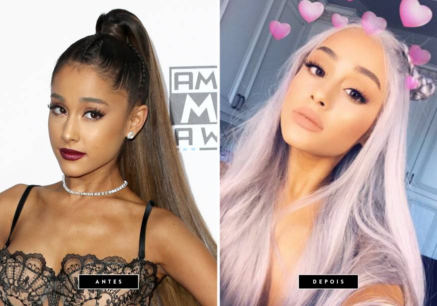 <strong>Outubro de 2017 // Ariana Grande</strong> - a cantora postou em suas redes sociais o clique onde mostra sua mais nova transformação de cabelos: fios cinza rosados. Vibes Khaleesi! <strong>Outubro de 2017 // Ariana Grande</strong> - a cantora postou em suas redes sociais o clique onde mostra sua mais nova transformação de cabelos: fios cinza rosados. Vibes Khaleesi!