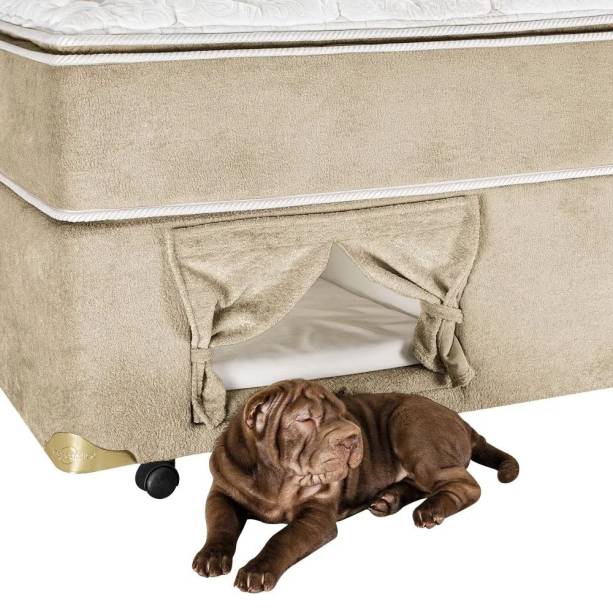 Box de cama casal Americanflex Pet Love, com nicho (25 x 45 x 55 cm) com prancha e colchão removível para higienização, e cortina com velcro. <a href="https://www.americanflex.com.br/box-para-casal-americanflex-pet-love-138-x-188-x-40-cm/p" target="_blank" rel="noopener">Americanflex</a>, R$ 971,10 