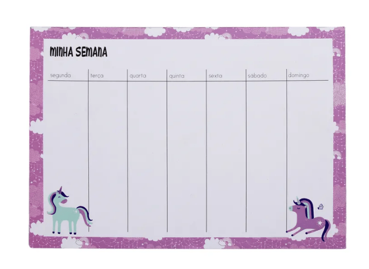 Planner semanal de unicórnios, <span>com 120 folhas em papel offset 90g e base em cartão rígido, nas medidas 17 x 24 cm. <a href="https://www.tokstok.com.br/planner-semanal-hibisco-menta-unidunicornio/p?idsku=358086" target="_blank" rel="noopener">Tok&Stok</a>, R$ 29,90 </span>