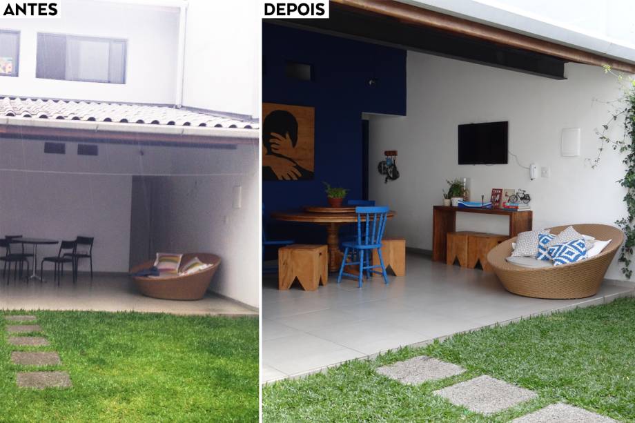 Com 1,50 m de diâmetro, de peroba rústica com centro giratório, a mesa é do Depósito Santa Fé (R$ 1 921). Os bancos modelo Caixa, de 40 x 40 cm, são da mesma loja(R$ 226 cada).