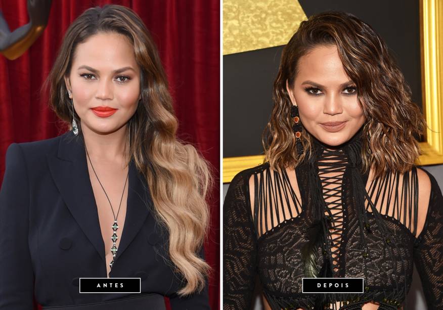 <b>Fevereiro de 2017 // Chrissy Teigen </b>– A ex modelo da Victoria’s Secret, esposa de John Legend e mãe da baby Luna (fofura!) debutou um messy bob no red carpet do Grammy 2017 que aconteceu ontem (12). Linda como sempre!