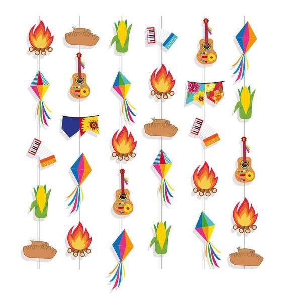 Cortina decorativa, de papel-cartão, com 6 cordões e 36 peças. <a href="https://www.silvanofestas.com.br/cortina-decorativa-festa-junina-arraia-cromus?search=junina" target="_blank" rel="noopener">Silvano Festas</a>, R$ 23,60