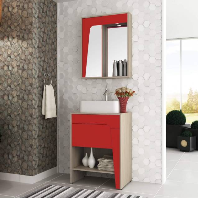 Conjunto Elisa, com gabinete e espelheira, da Bosi, de MDF, medidas 60 x 43 x 81 cm (gabinete) e 60 x 14x 75 cm (armário superior). <a href="https://www.optemais.com.br/Catalogo/Catalogo/Produto/1/46/5646819/casa-e-decoracao/banheiros/gabinetes/conjunto-para-banheiro-elisa-i-taeda-e-vermelho" target="_blank" rel="noopener">Opte+</a>, R$ 996,99 Conjunto Elisa, com gabinete e espelheira, da Bosi, de MDF, medidas 60 x 43 x 81 cm (gabinete) e 60 x 14x 75 cm (armário superior). <a href="https://www.optemais.com.br/Catalogo/Catalogo/Produto/1/46/5646819/casa-e-decoracao/banheiros/gabinetes/conjunto-para-banheiro-elisa-i-taeda-e-vermelho" target="_blank" rel="noopener">Opte+</a>, R$ 996,99