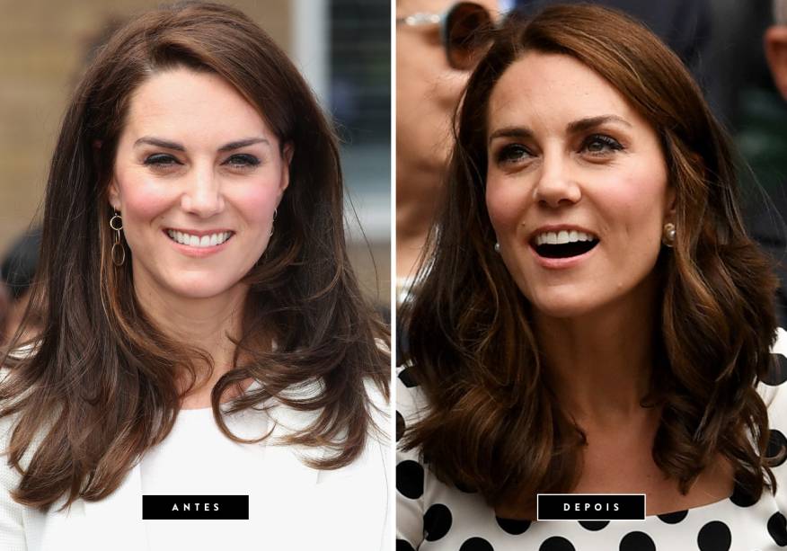 <strong>Julho de 2017 // Kate Middleton</strong> - A Duquesa de Cambridge está de visual novo! Kate debutou o novo corte de cabelo, um pouco abaixo dos ombros, no primeiro dia do torneio de Wimbledon. A modelagem com ondas largas deixou o look ainda mais elegante.