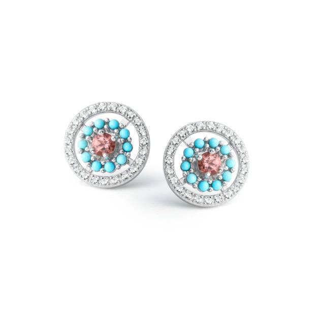 Brinco e pingente de prata, topázio branco, turmalina rosa e turquesa natural. Brinco e pingente de prata, topázio branco, turmalina rosa e turquesa natural.
