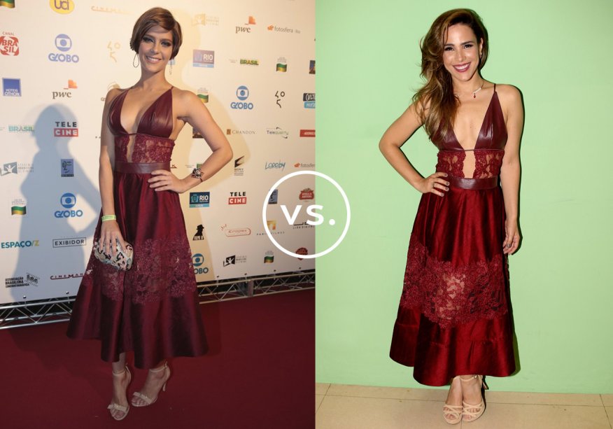 <strong>Isabella Santoni</strong> e <strong>Wanessa Camargo</strong> vestem <strong>Lethicia Bronstein</strong>. Sandálias nude são o arremate ideal para o vestido de couro marsala com renda. Fashionista, Isabella também lançou mão de uma maxipulseira poderosa.