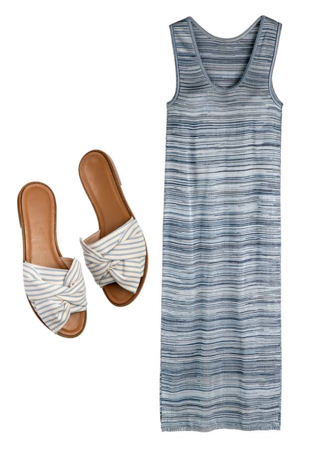 Vestido de tricô,<strong> Amaro</strong>, R$ 190. Slides de sarja, <strong>Arezzo</strong>, R$ 200. Vestido de tricô,<strong> Amaro</strong>, R$ 190. Slides de sarja, <strong>Arezzo</strong>, R$ 200.