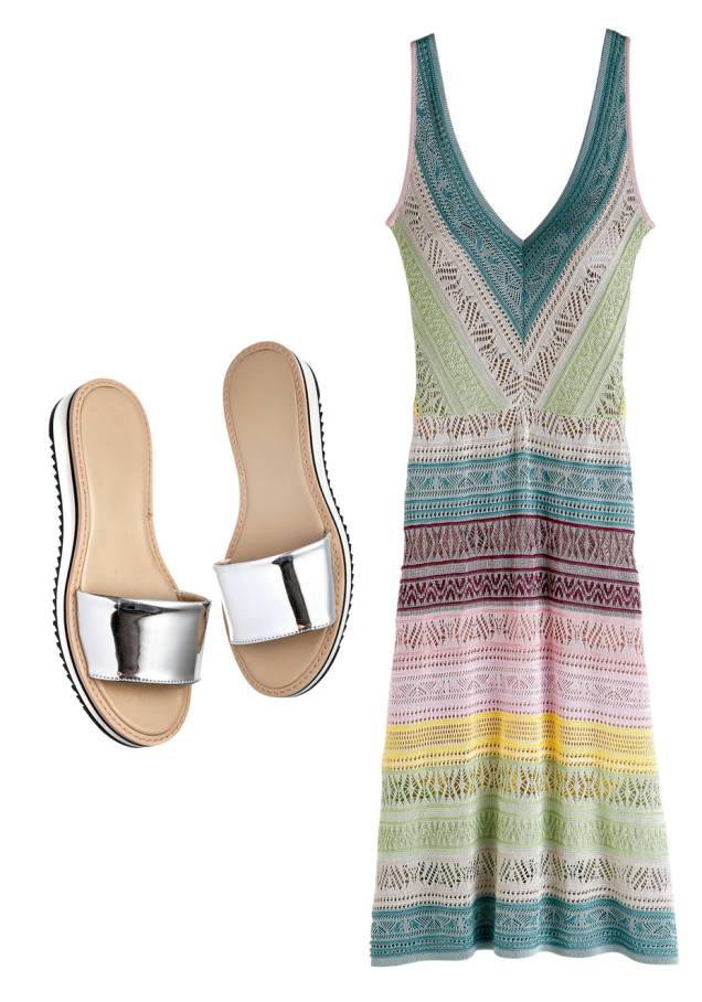 Vestido de tricô, <strong>Cecilia Prado</strong>, R$ 869. Slides de couro, <strong>Santa Lolla</strong>, R$ 250. Vestido de tricô, <strong>Cecilia Prado</strong>, R$ 869. Slides de couro, <strong>Santa Lolla</strong>, R$ 250.