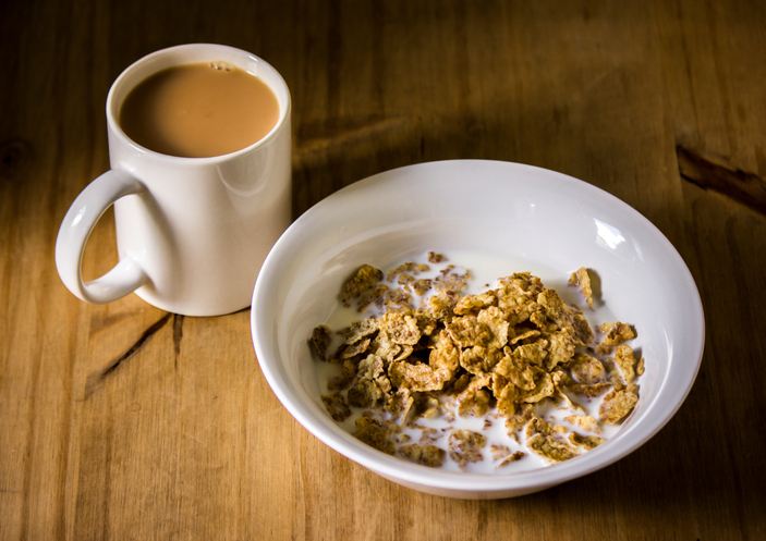 Cereal and tea for breakfast