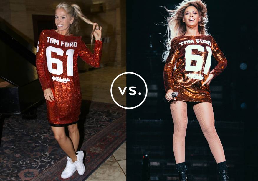 <strong>Adriane Galisteu</strong> e <strong>Beyoncé</strong> vestem <strong>Tom Ford</strong>. Enquanto a apresentadora compôs uma produção esportiva com o vestido de paetês em versão mais comprida e tênis branco, a cantora preferiu o microcomprimento e arrematou com botas para arrasar no palco.