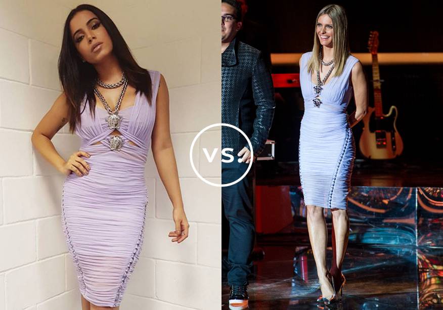 <strong>Anitta</strong> e <strong>Fernanda Lima</strong> vestem<strong> Versace</strong>. O vestido lilás de shape ajustado ao corpo e detalhe de correntes foi usado pela cantora no<em> Caldeirão de Ouro</em>. Já a apresentadora desfilou o modelo durante a 1ª temporada do <em>Superstar</em>. Minimalista, o cabelo solto e chapado foi eleito por ambas.