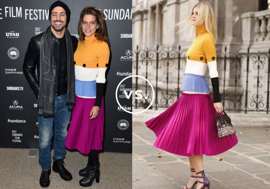 <strong>Mariana Goldfarb</strong> e <strong>Lalá Rudge</strong> vestem <strong>Salvatore Ferragamo</strong>. Para enfrentar o inverno de Park City durante o Festival de Cinema de Sundance, apresentadora e modelo aliou o vestido colorido da grife italiana a botas de salto e meia-calça. Em Paris para a semana de moda, a blogger combinou a peça com sandálias burgundy e minibag divertida.