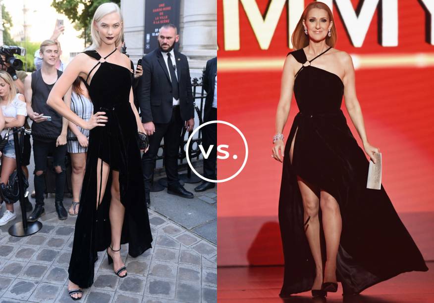 <strong>Karlie Kloss</strong> e <strong>Céline Dion</strong> vestem <strong>Mugler</strong>. Sexy, o vestido preto com fenda profunda e decote de um ombro só não precisa de muitos complementos. Para a modelo, que acaba de aderir aos cabelos platinados, sandálias e clutch discretas e um poderoso batom vinho. Clássica e sempre exuberante, a cantora investiu em joias de peso – brincos e pulseira – para arrematar a produção.