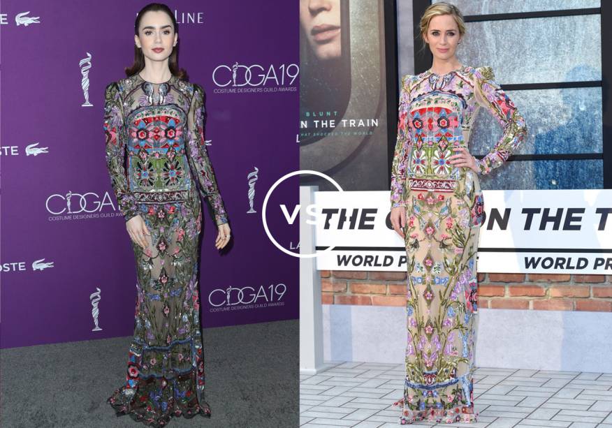 <strong>Lily Collins</strong> e <strong>Emily Blunt</strong> vestem <strong>Alexander McQueen</strong>. Graças aos lindos bordados coloridos, o vestido da grife britânica não requer muitos complementos. A aposta de Lily foi em brincos e anéis discretos e maquiagem poderosa - esfumado iluminado, cílios postiços e batom marrom. Já Emily lançou mão de olhos delineados e penteado romântico com acessório.