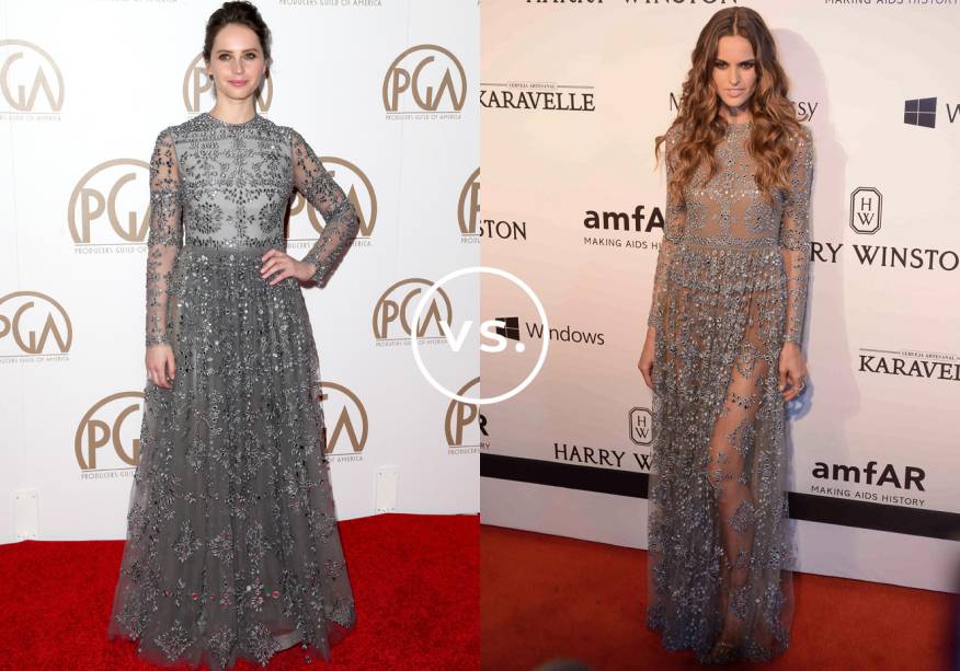 <strong>Felicity Jones</strong> e <strong>Izabel Goulart</strong> vestem<strong> Valentino</strong>. Discreta, a britânica optou pelo modelo com forro na saia. Já a brasileira garantiu um look hipersexy com pernas à mostra.