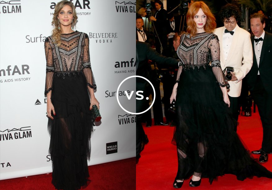 <strong>Ana Beatriz Barros</strong> e <strong>Christina Hendricks </strong>vestem <strong>Alberta Ferretti</strong>. O vestido com a parte de cima bordada é o protagonista do look das duas. Para ele brilhar sozinho, elas optaram por complementos discretos.