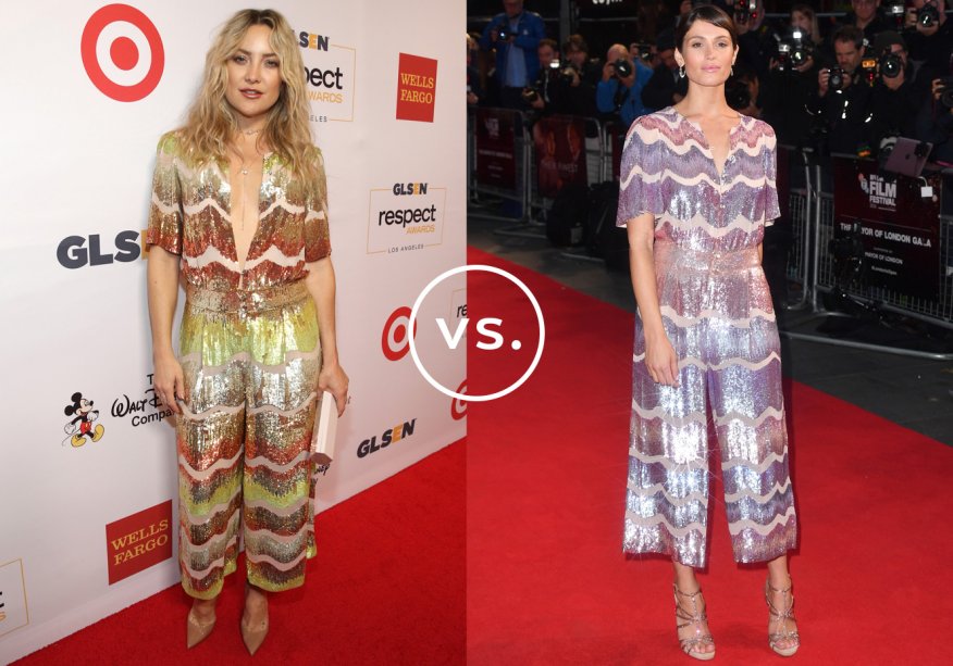 <strong>Kate Hudson</strong> e <strong>Gemma Arterton</strong> vestem <strong>Temperley London</strong>. O macacão inteiramente bordado foi a escolha das atrizes para atualizar o look de tapete vermelho. Kate combinou sua versão decotada em tons de cobre, verde e dourado com escarpins nude. Já Gemma investiu na delicadeza do rosa e do lilás e completou com sandálias metalizadas.