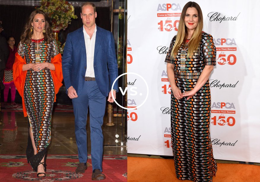 <strong>Kate Middleton</strong> e <strong>Drew Barrymore</strong> vestem <strong>Tory Burch</strong>. A duquesa de Cambridge e a atriz norte-americana foram fotografadas usando o vestido bordado no mesmo dia. Kate, em jantar com a realeza do Butão; Drew, em uma festa em Nova York.