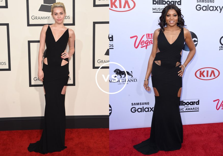 <strong>Miley Cyrus</strong> e <span><strong>Taraji P. Henson</strong> </span>vestem <strong>Alexandre Vauthier Couture</strong>. Ambas optaram por acessórios minimalistas para não ofuscar a sensualidade do vestido cheio de recortes. Miley usou o modelo no Grammy Awards e Taraji, no Billboard Awards - premiações de música em que looks ousados são maioria no tapete vermelho.