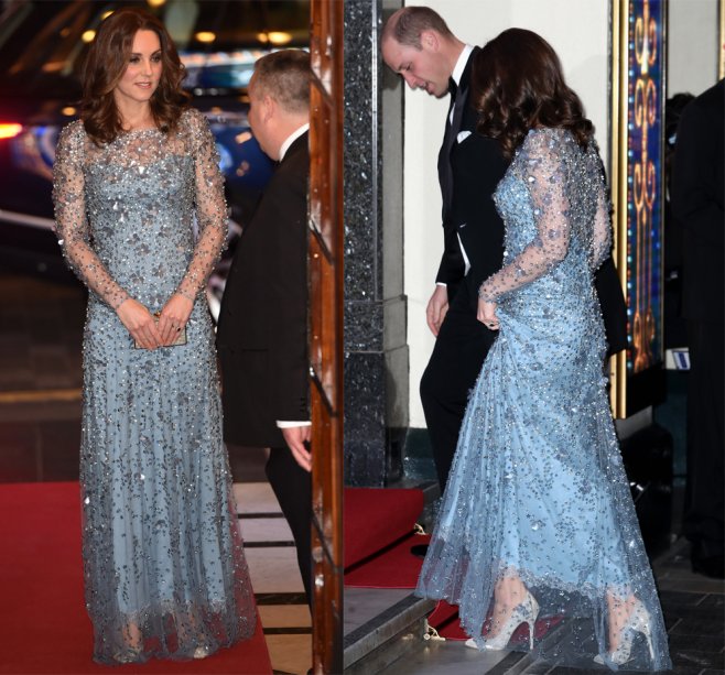 <strong>24 de novembro de 2017 </strong>-  que tal o Jenny Packham escolhido pela duquesa para um evento em Londres? O leve tule de mangas longas todo bordado com pedraria ganhou ainda mais destaque com o fundo azul claro da peça. E o baby bump fofo?