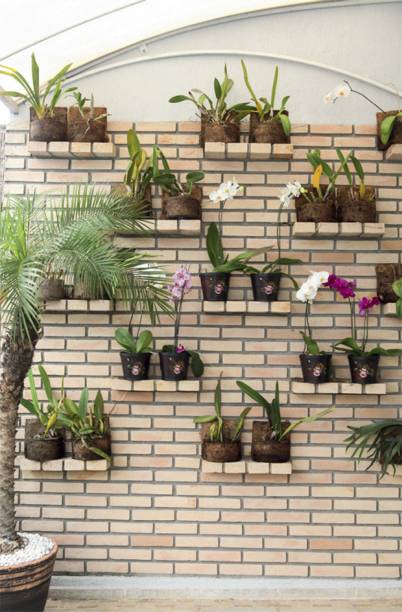 Na varanda do apartamento, o jardim vertical é composto de lajotas palha. “Busquei contraste com as cores das plantas que apoiaria nas prateleiras, cada uma formada por quatro tijolinhos”, conta a designer de interiores paulista Cecilia Cruz. Cortadas ao meio, as peças para revestimento, ficaram com 5,5 cm de espessura e deixam ver o rejunte frisado.