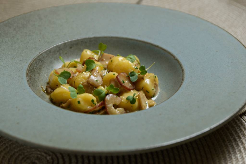 Nhoque de mandioca ao molho de pinhão, alho poró e cogumelos