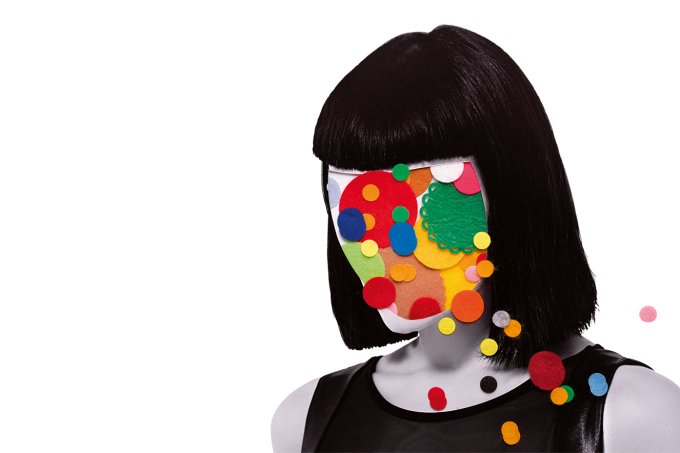 collage of woman with felt circles on head