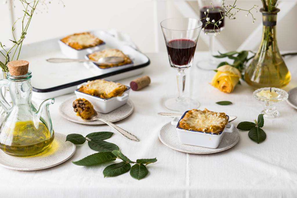 Escondidinho de cogumelo shiitake com abóbora cabotiá Escondidinho de cogumelo shiitake com abóbora cabotiá