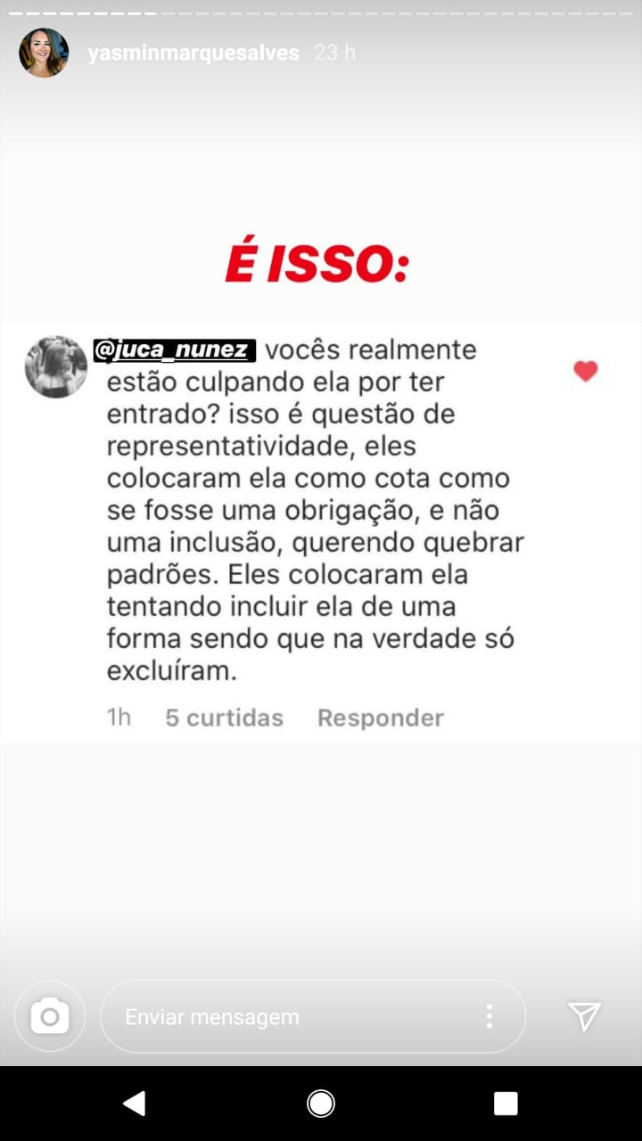 Print de comentário defendendo Yasmin Alves, ex-participante do De Férias com o Ex Print de comentário defendendo Yasmin Alves, ex-participante do De Férias com o Ex