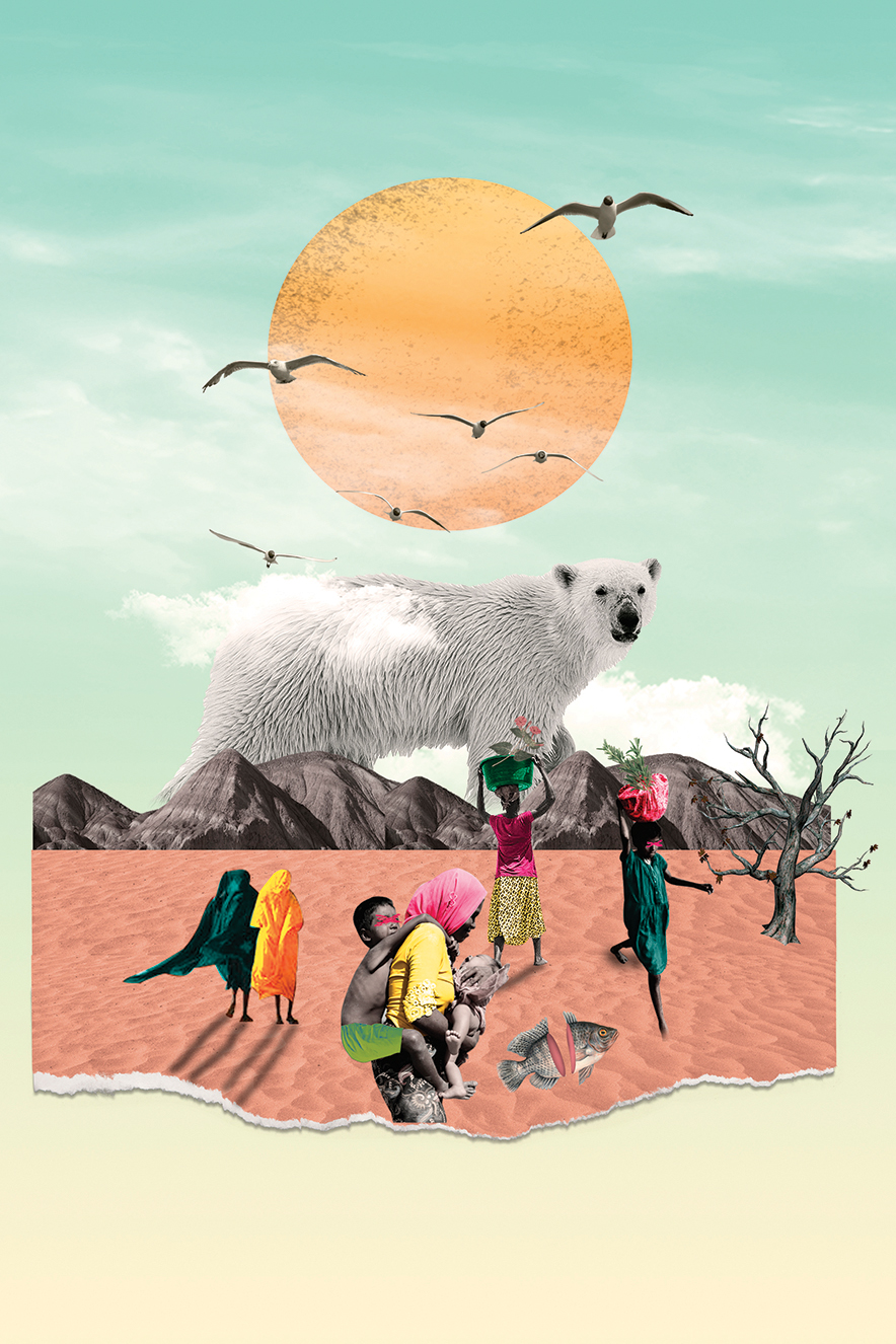 refugiados-climaticos-708 Uma ilustração com urso polar grande ao centro, sob um sol com pássaros e nuvens. Abaixo dele, há uma montanha e um chão de terra cor de rosa.
