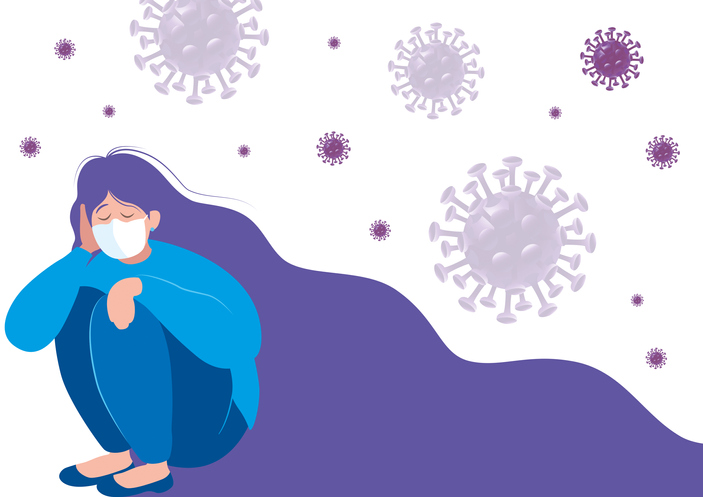 Sad Girl in Solitude from Social Distancing in COVID-19 coronavirus crisis mulher triste