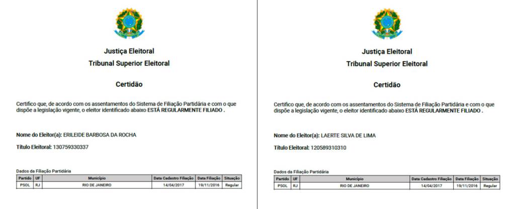 Filiados-PSOL Dois milicianos se filiaram ao PSOL, de acordo com reportagem