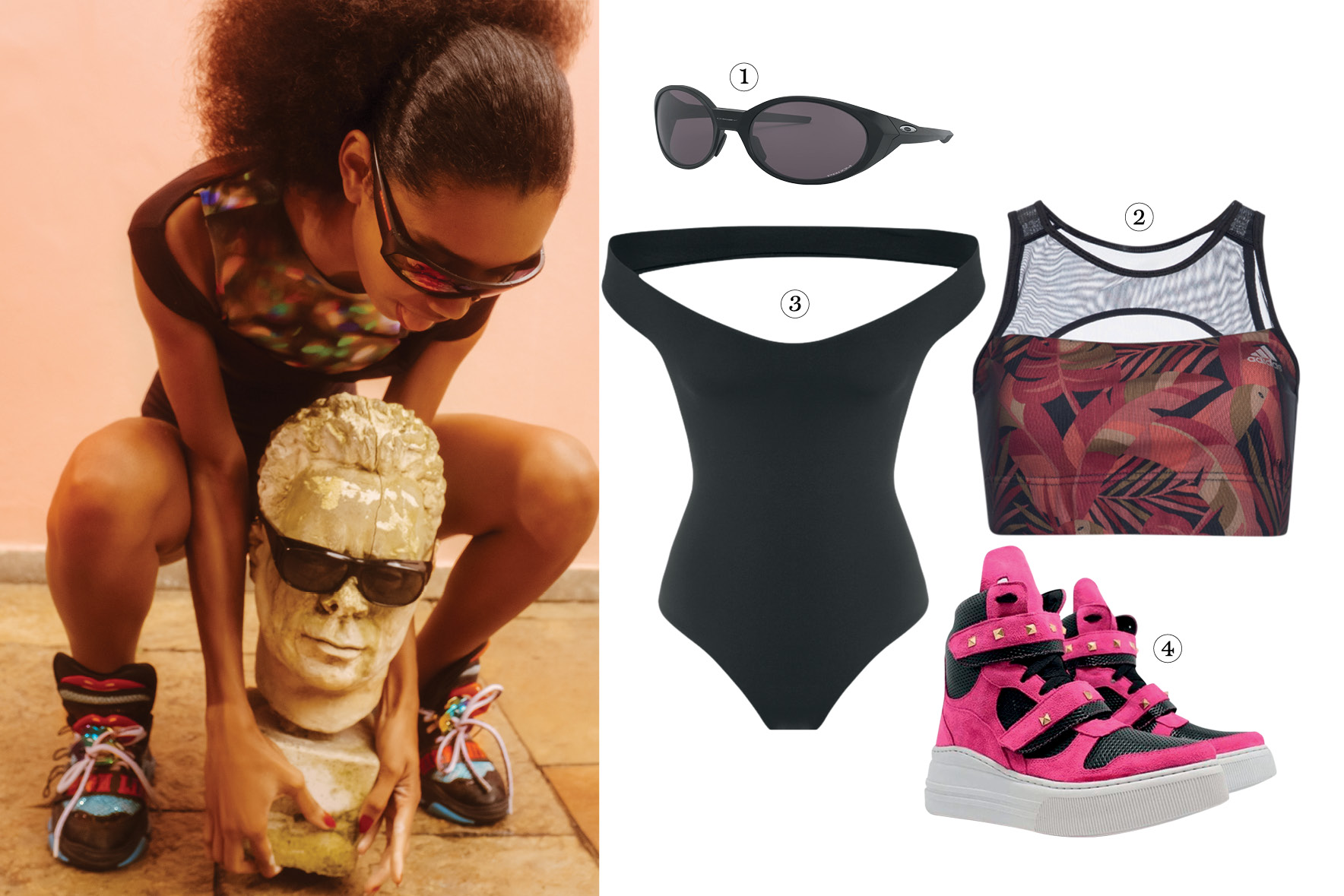 Modelos vestem as roupas do editorial acima e, ao lado, h&aacute; pe&ccedil;as parecidas par copiar o look.