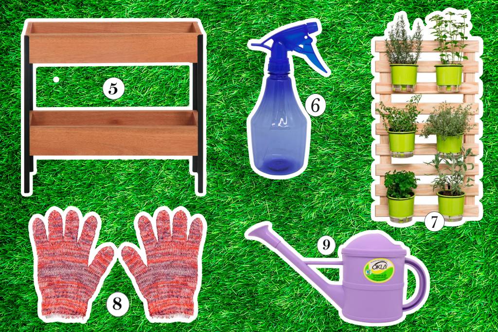 Colagem com utensílios de jardim: floreira, borrifador, horta vertical, luvas e regador