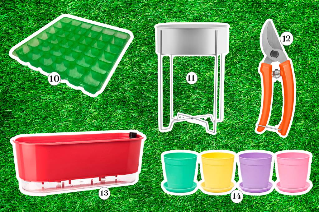 utensílios de jardins Colagem com utensílios de jardim: sementeira, vasos e tesoura