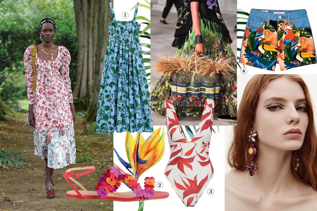 VITRINE ABRE Colagem com diversas atrizes, modelos e peças de roupas com estampas botânicas bem coloridas