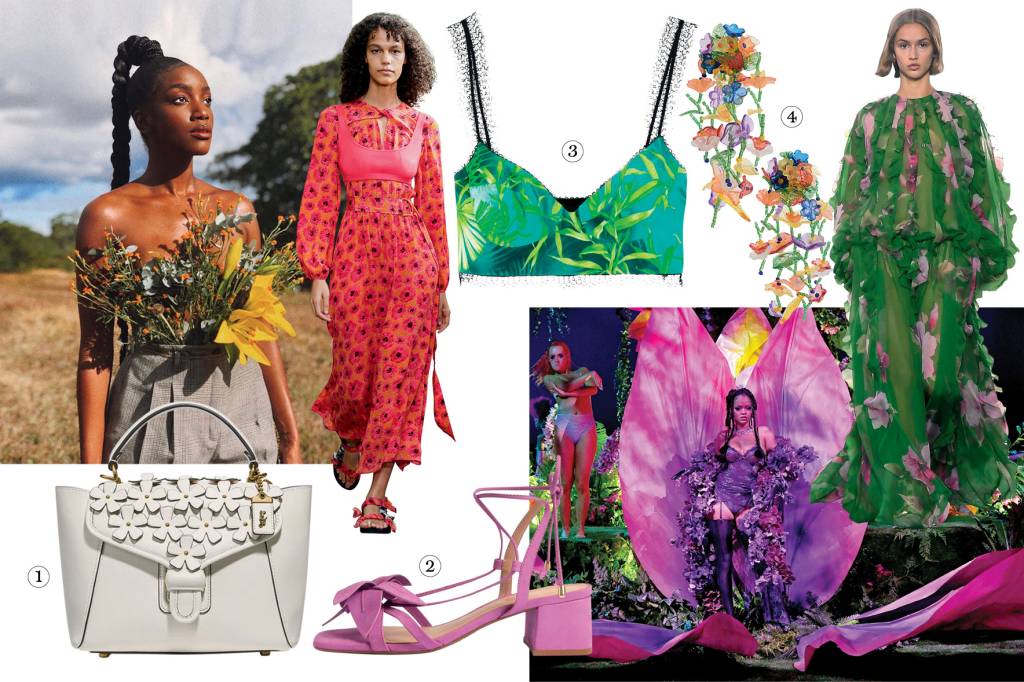 VITRINE ABRE2 Colagem com diversas atrizes, modelos e peças de roupas com estampas botânicas bem coloridas