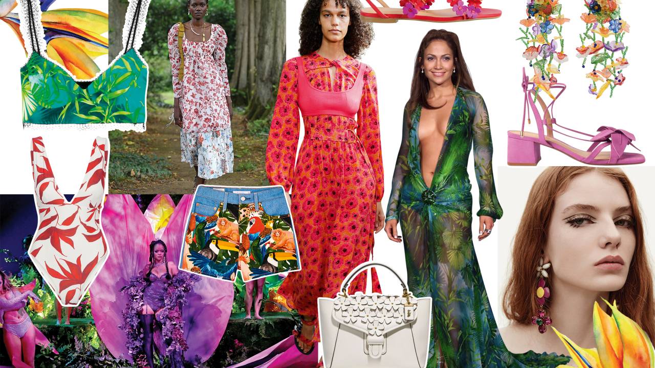 Colagem com diversas atrizes, modelos e peças de roupas com estampas botânicas bem coloridas