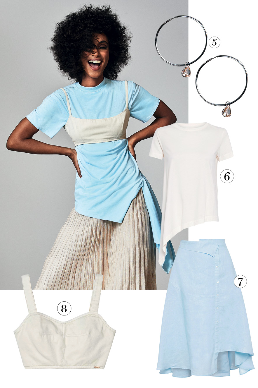 Modelo com fotos de pe&ccedil;as de roupa semelhantes &agrave;s que ela usa