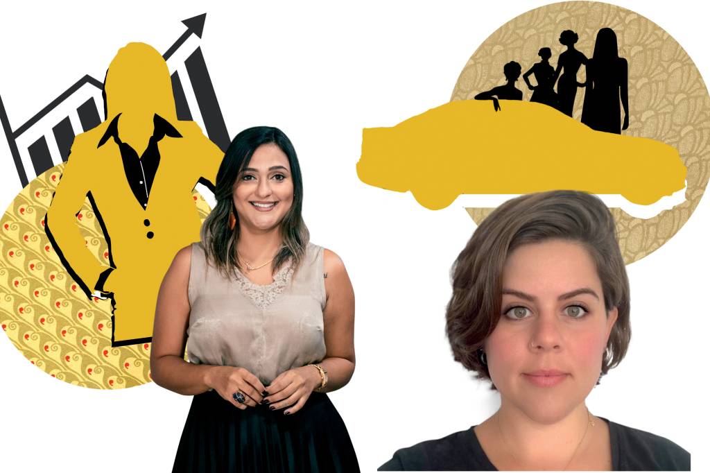 ESPECIAL 6 duas mulheres sócias com ilustrações relacionadas a trabalho ao fundo