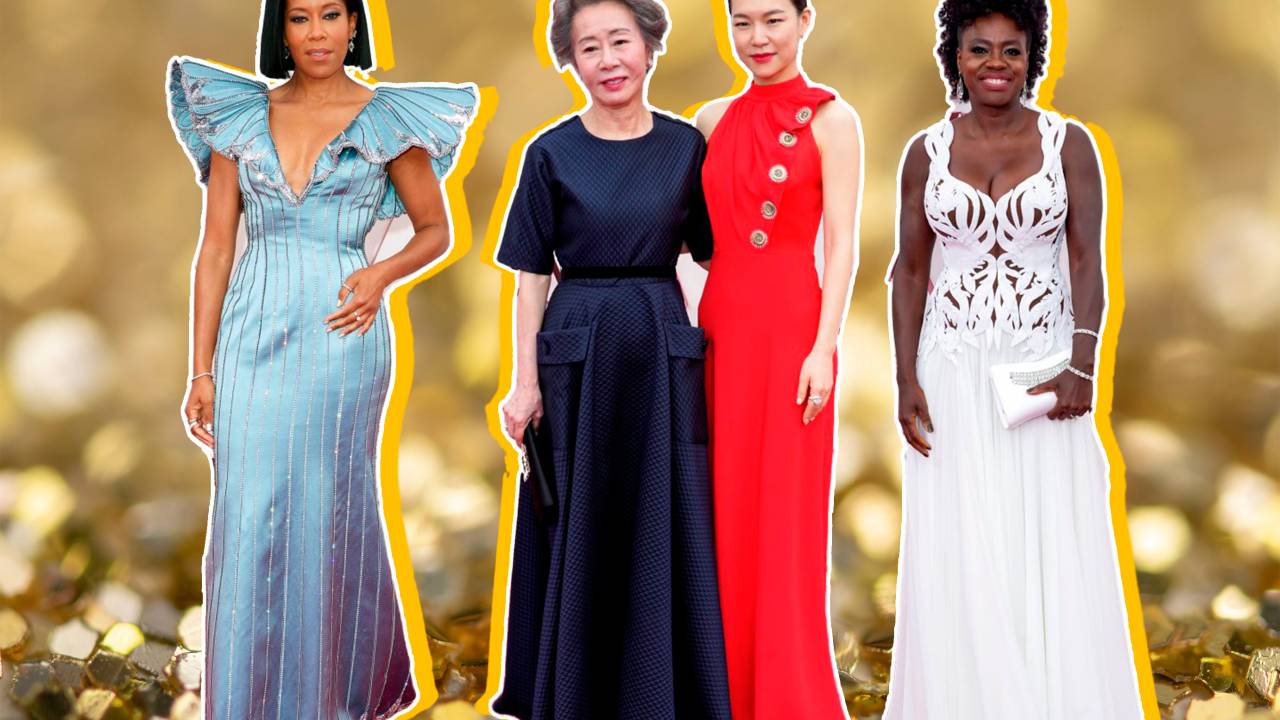 Regina King com vestido azul claro, Youn-Yuh Jung com vestido azul marinho, Han Ye-ri com vestido vermelho, Viola Davis com vestido branco